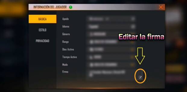 Free Fire - Editar la firma